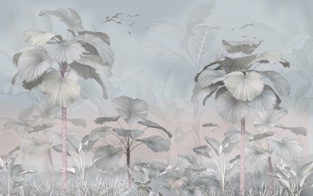 Fototapeta-Ptaki-Wsrod-Pioropuszy-Palm_2091394732 Fototapeta z ptakami w locie w zamglonej dżungli Ptaki Wśród Pióropuszy Palm - zdjęcie numer 2