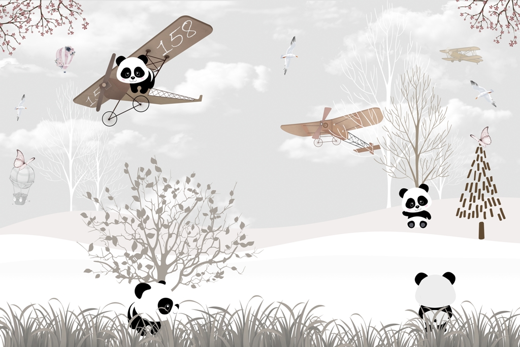 Fototapeta-Panda-w-Samolocie-Dla-Dzieci_1897928086 Fototapeta z szarym niebem, samolotem i misiami Panda w Samolocie Dla Dzieci - zdjęcie numer 2