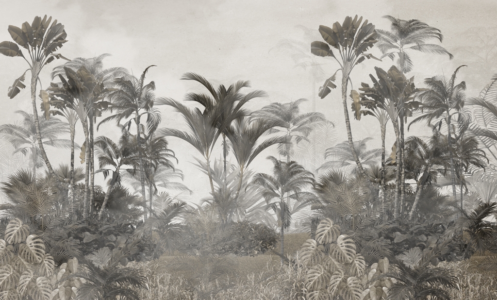 tropical trees and leaves wallpaper design in foggy forest - 3D illustration