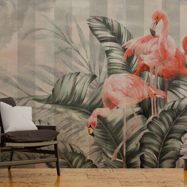 Fotobehang van flamingo’s in bladeren