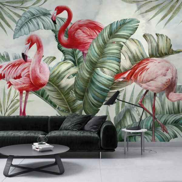Fotobehang Flamingo’s in Groen