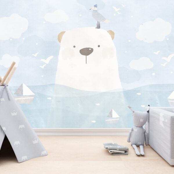 Muurschildering van een teddybeer in water