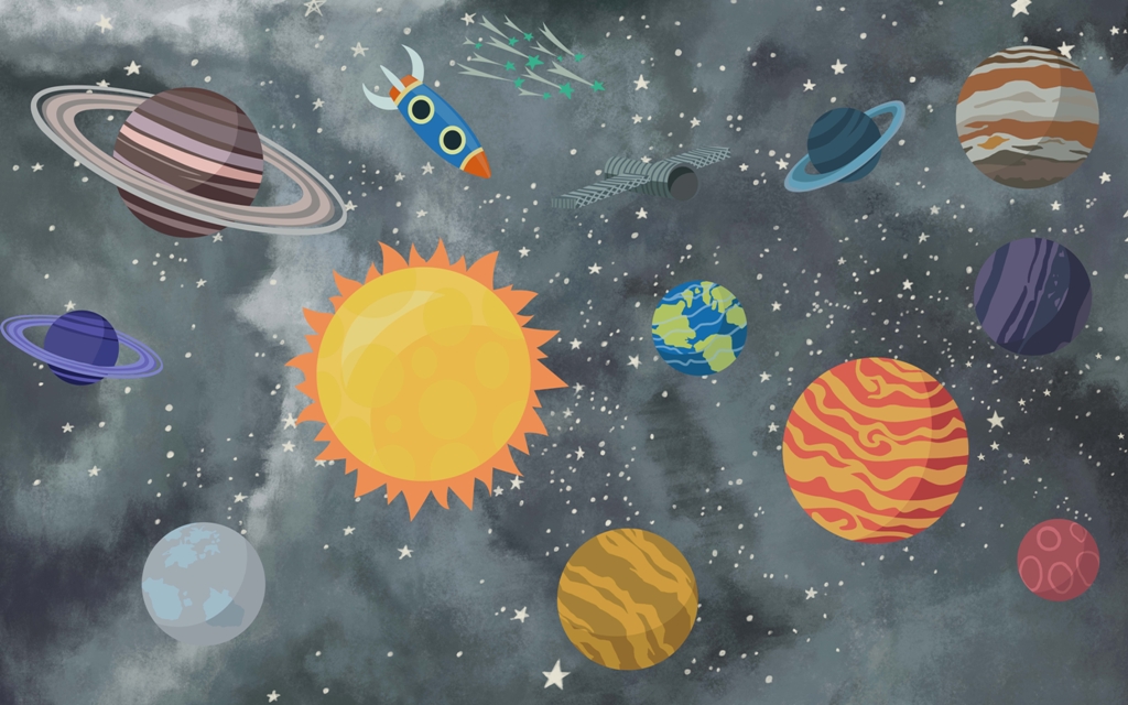 Fototapeta Kolorowy Kosmos_2129907731' Fototapeta z planetami w wesołych barwach dla dzieci Kolorowy Kosmos - zdjęcie numer 2
