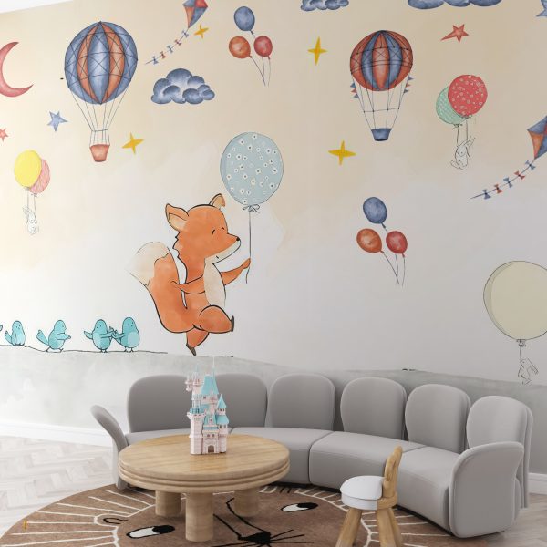 Muurschildering van een vos met een ballon