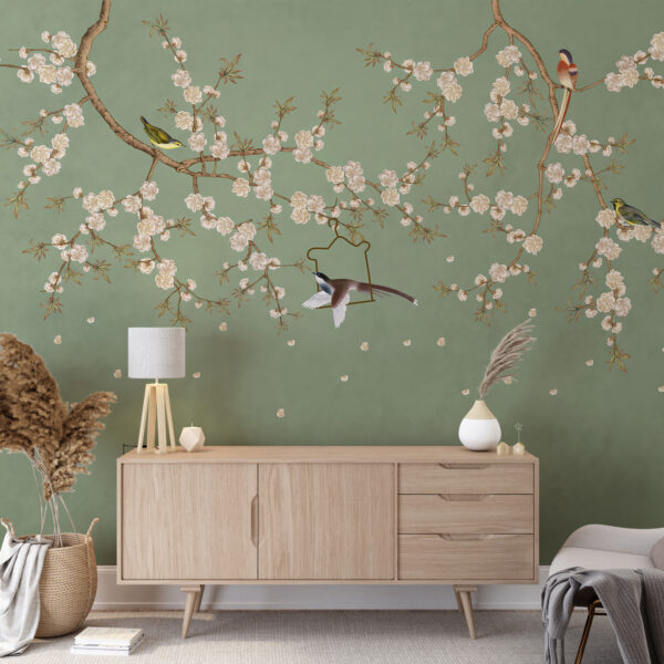 Fotobehang vogels in kersenbloesems