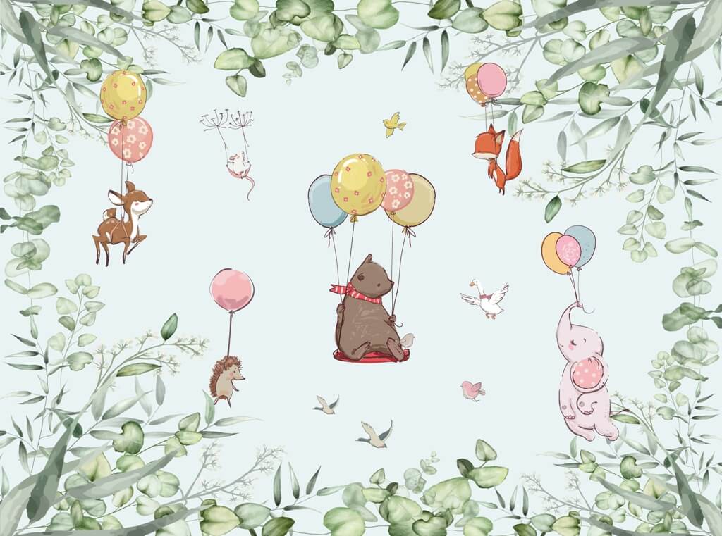 Fototapeta do pokoju dziecięcego ze zwierzątkami latającymi z balonikami Kolorowe Zwierzątka - drugie zdjęcie produktu