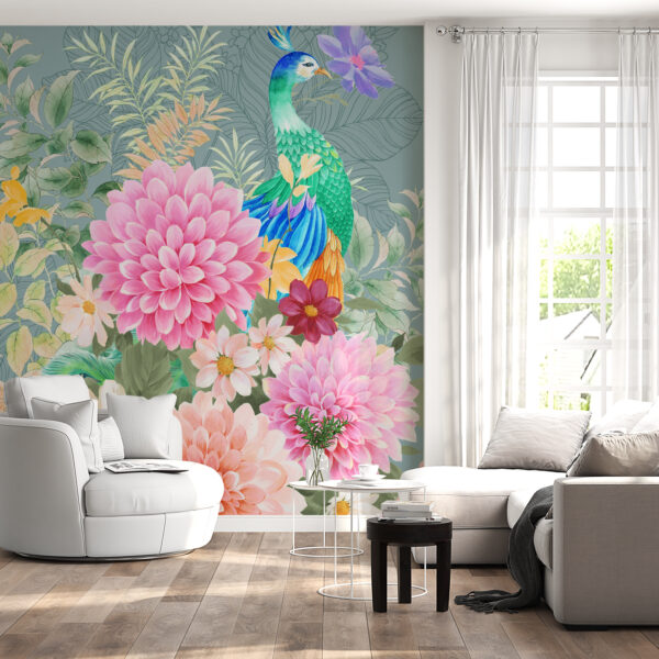 Fotobehang Pauw in Bloemen