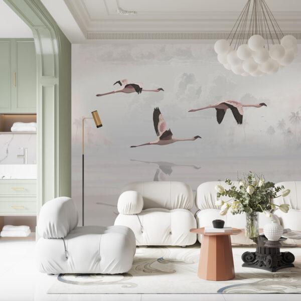 Fotobehang Flamingo’s in de vlucht