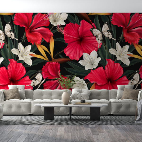 Fotobehang onder rode bloemen