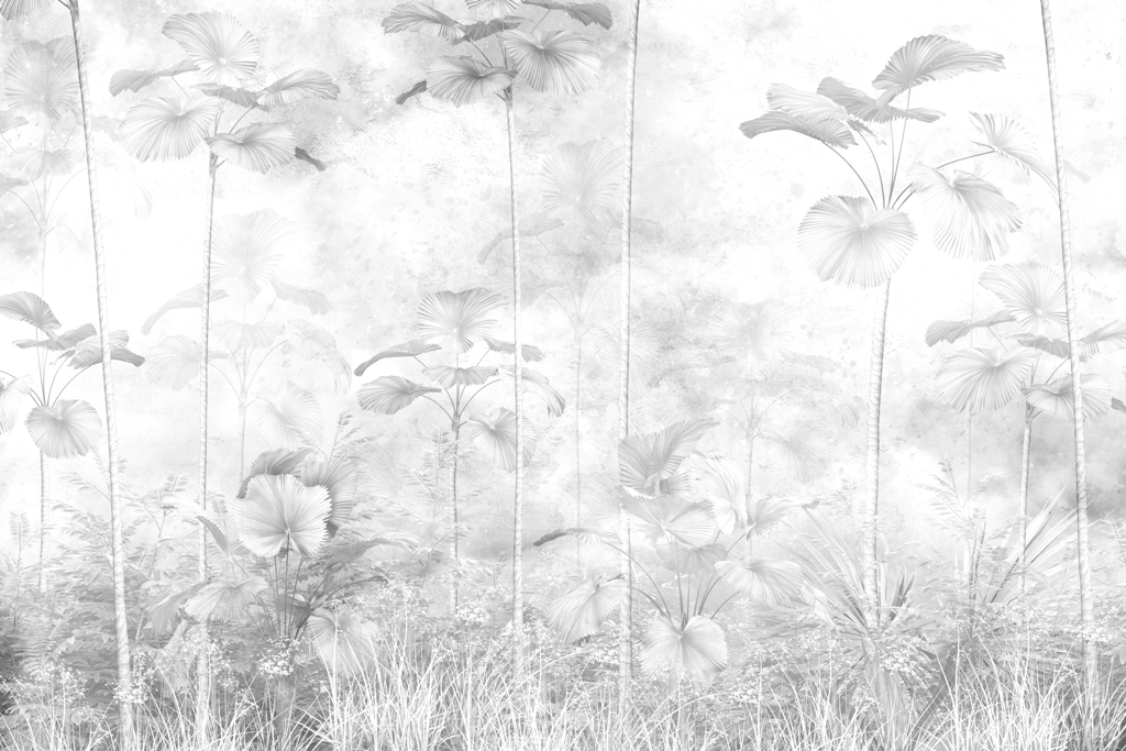 Fototapeta Palmy Do Nieba_2219642433' Fototapeta w szarościach z wysokimi tropikalnymi drzewami stanowiąca idealne tło do każdego wnętrza Palmy Do Nieba - zdjęcie numer 2