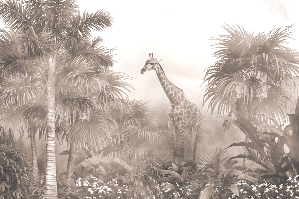 tropical trees and leaves in foggy forest wallpaper design - 3D illustration Fototapeta w egzotycznym klimacie w ciepłych kolorach sepii i beżu Portret Żyrafy - zdjęcie numer 2