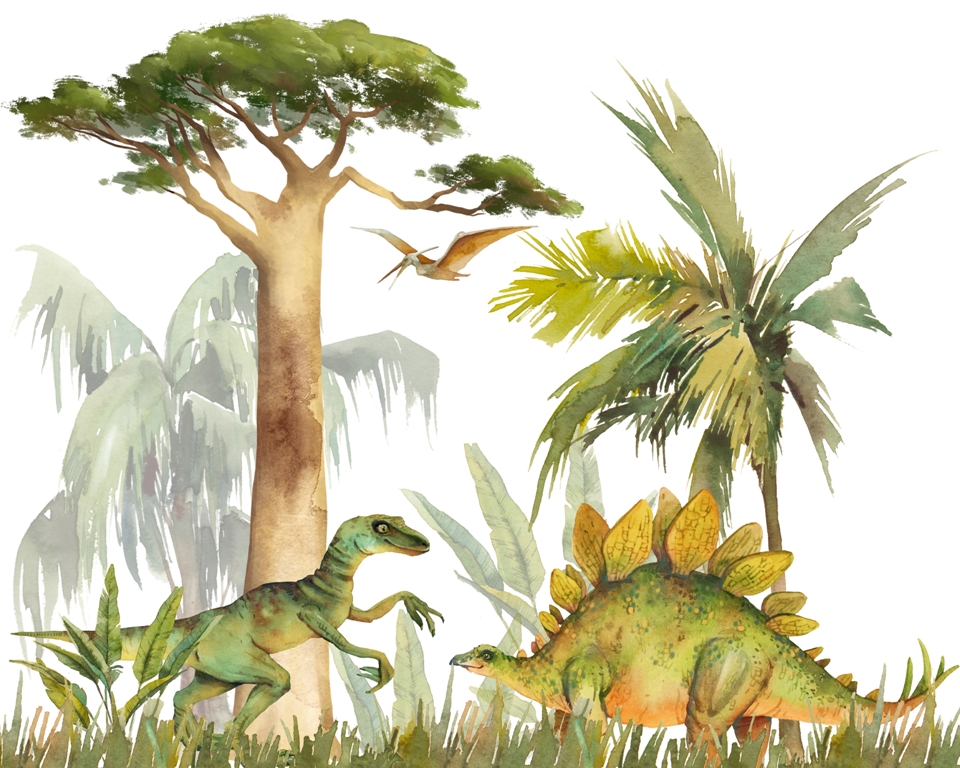 Fototapeta Wesołe Dinozaury_2208050775' Fototapeta w ciepłej zieleni i szarości do pokoju dziecięcego Wesołe Dinozaury - zdjęcie numer 2