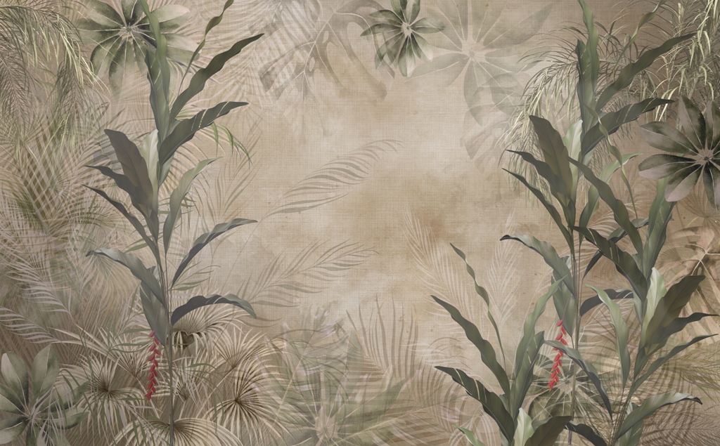 tropical trees and leaves in foggy forest wallpaper design - 3D illustration Fototapeta z tradycyjnym motywem egzotycznych roślin na niejednolitym, beżowym tle Zielone Liście w Sepii - zdjęcie numer 2