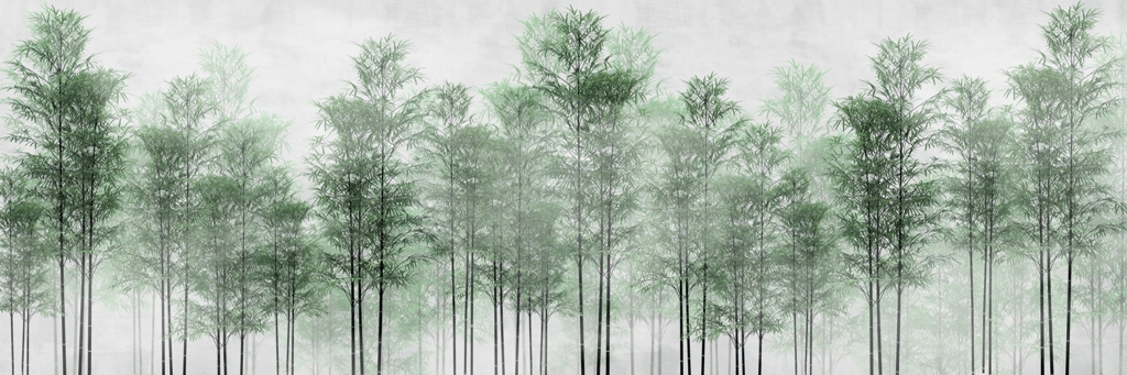 tropical trees and leaves in foggy forest wallpaper design - 3D illustration Fototapeta w soczystej zieleni imitująca powiew natury Zielony Las - zdjęcie numer 2