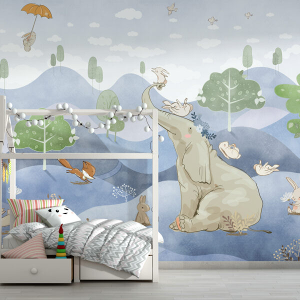 Muurschildering Olifant in Blauw
