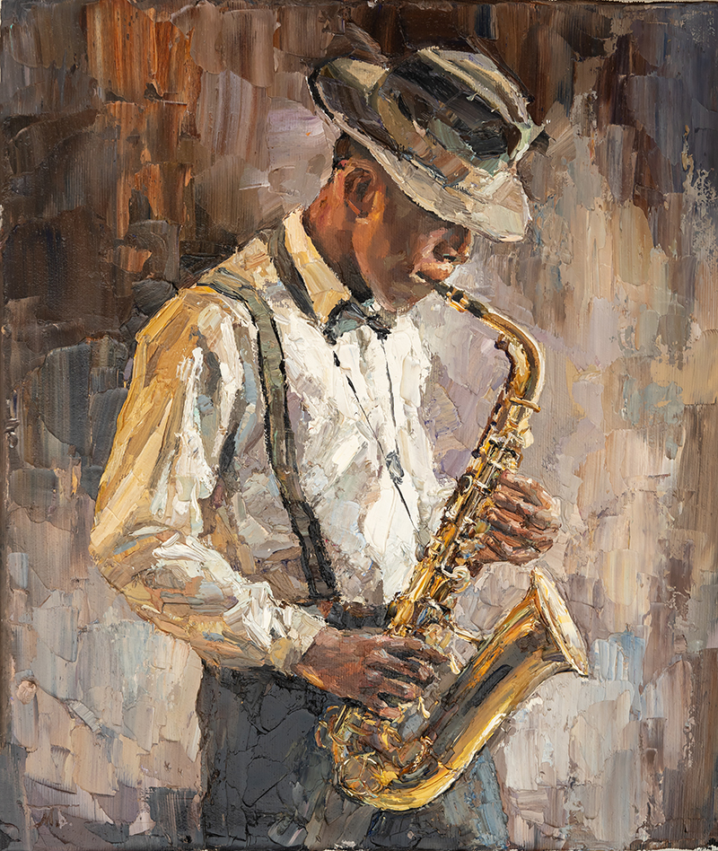 Stylish jazz band playing music on the scene, background is brown. Palette knife technique of oil painting and brush. The jazzman plays the sexophone.