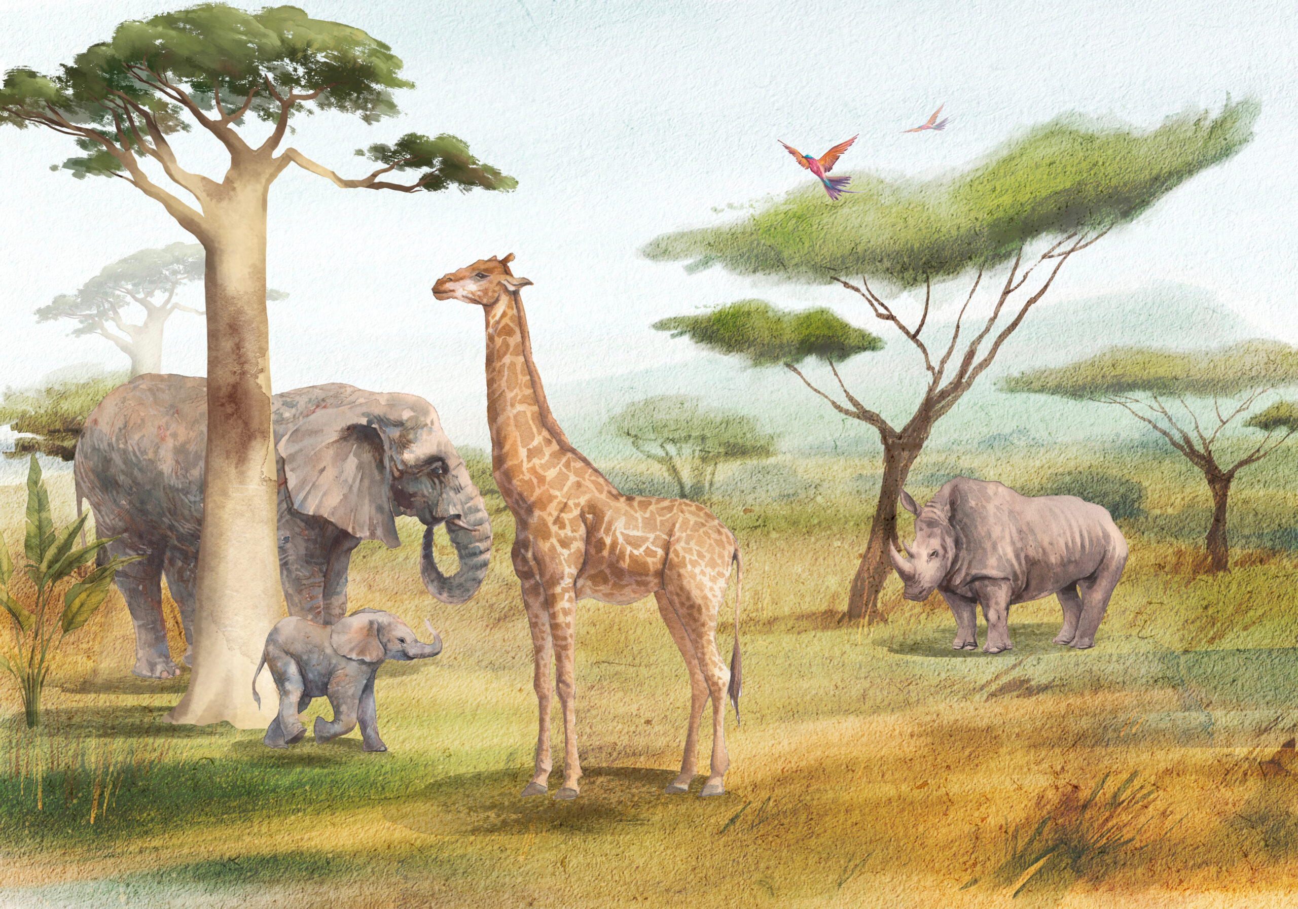 Safari scene. Watercolor African animals landscape. Africa savan