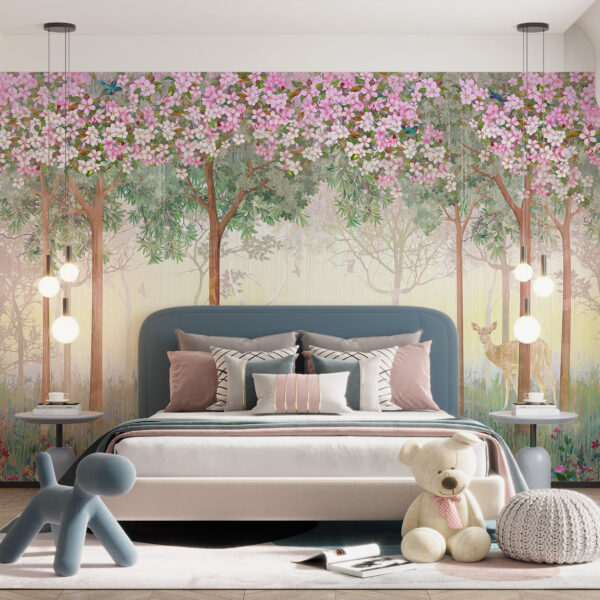 Fotobehang Hert in roze bloemen