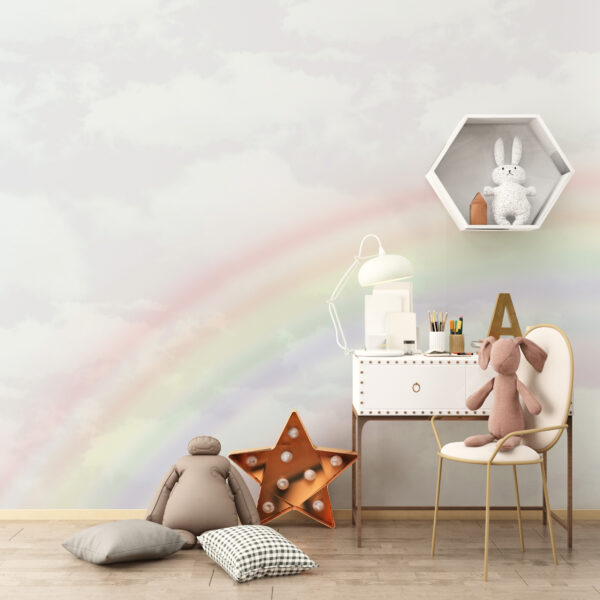 Muurschildering Regenboog Te Midden van de Wolken