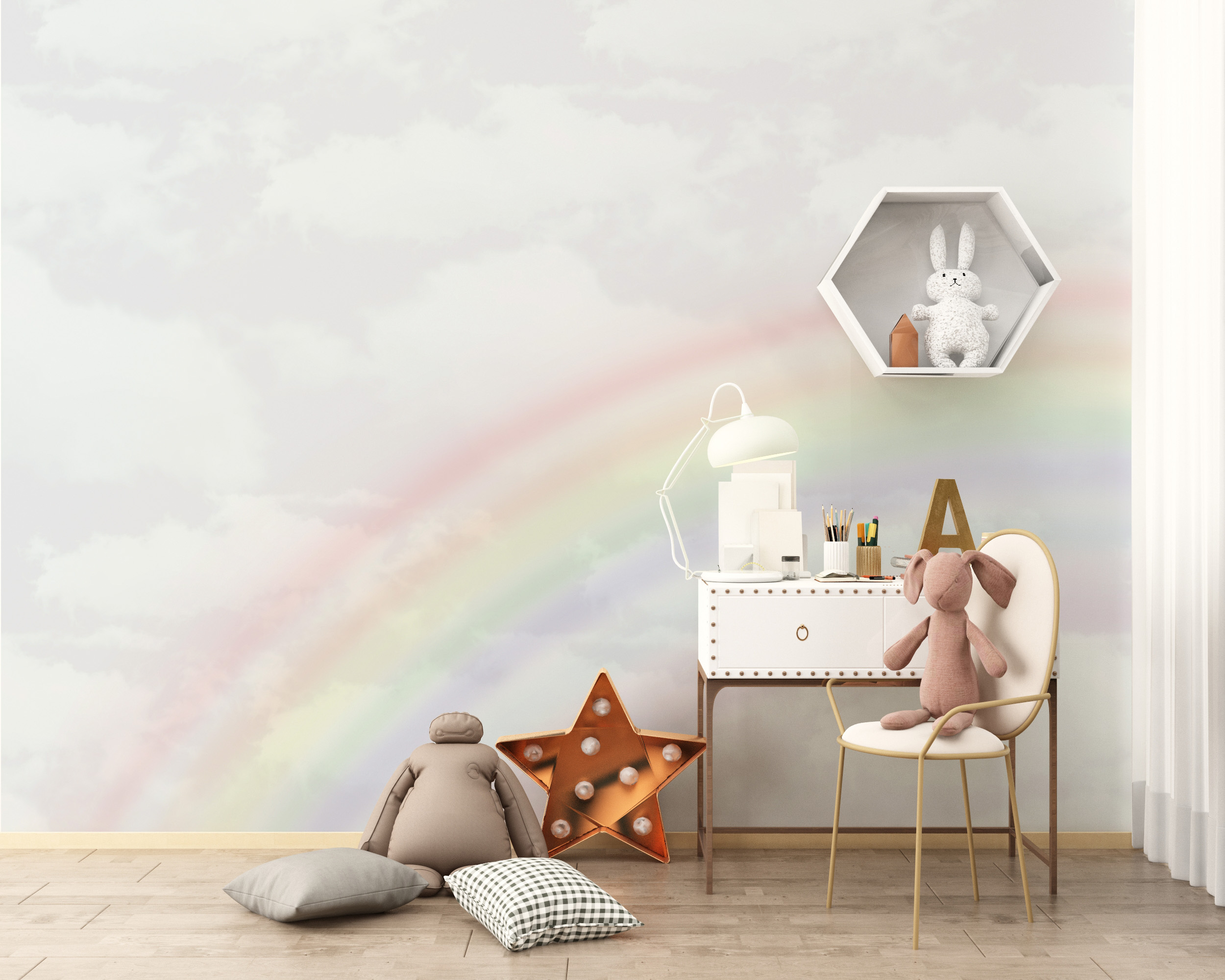 Muurschildering Regenboog Te Midden van de Wolken
