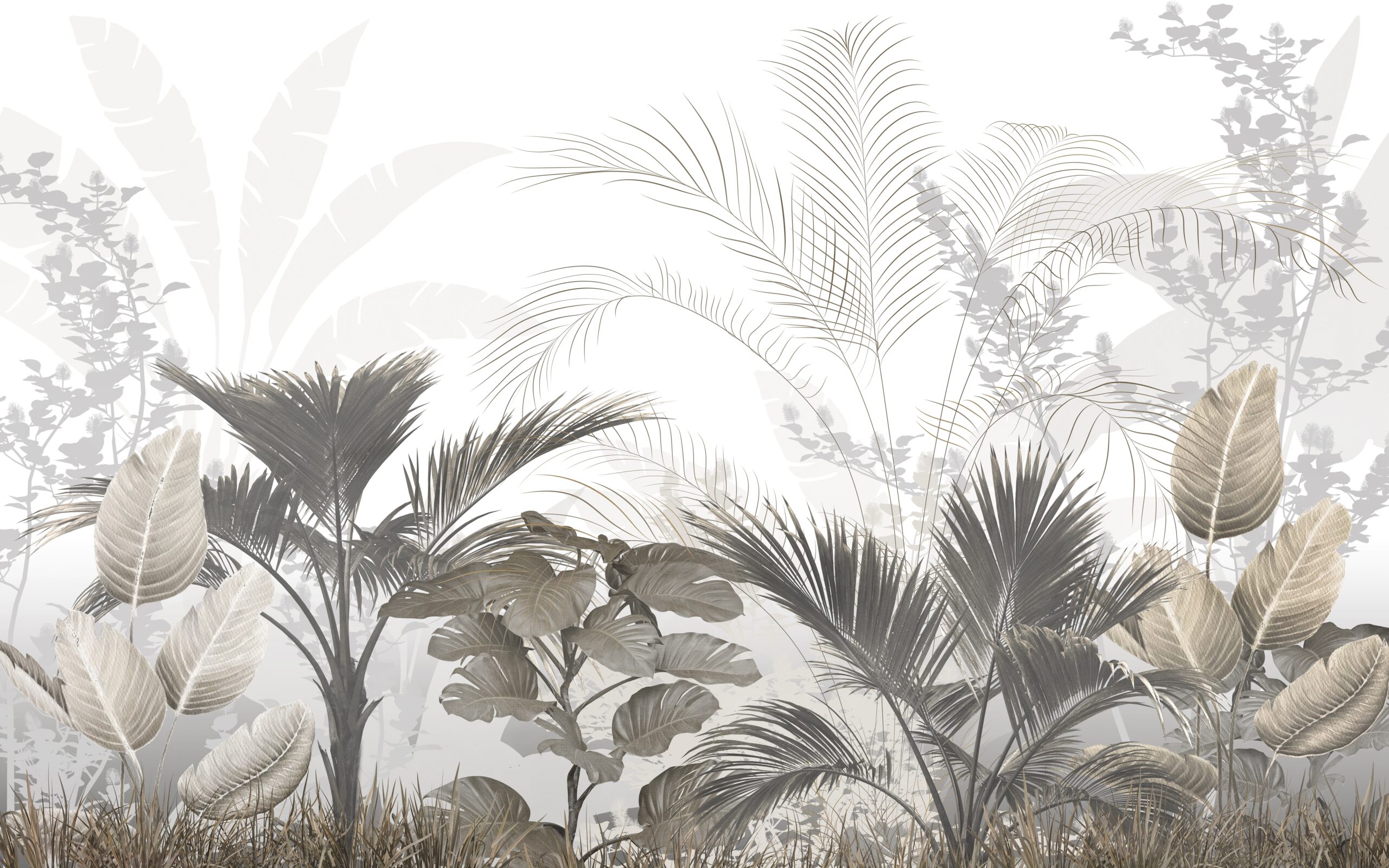 Tropical,Trees,And,Leaves,Wallpaper,Design,In,Foggy,Forest,-
