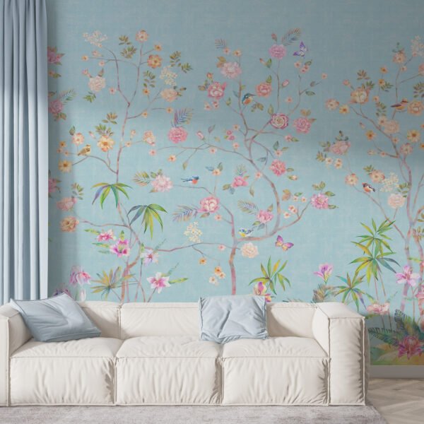Fotobehang Bloemen op een Blauwe Achtergrond