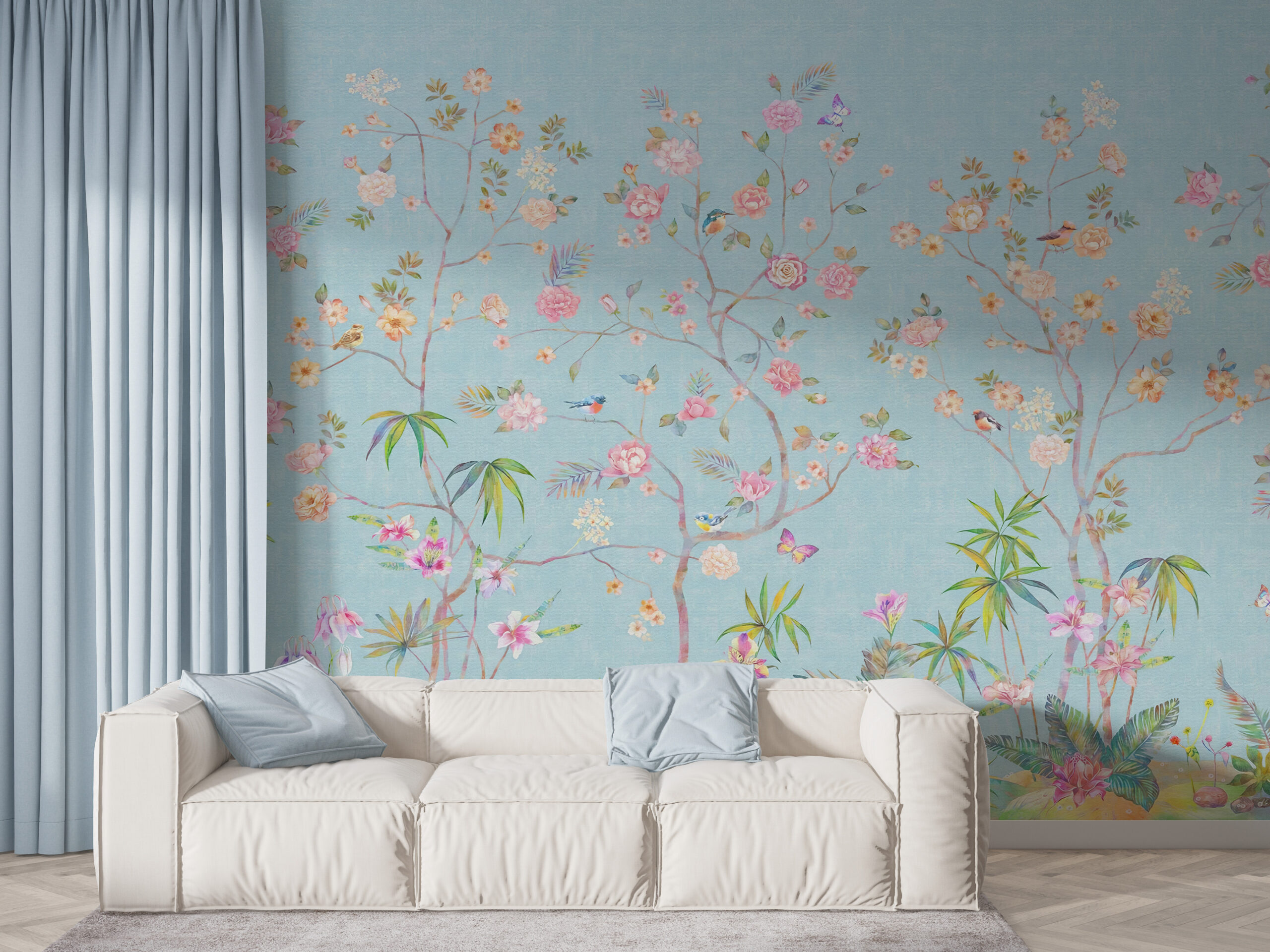 Fotobehang Bloemen op een Blauwe Achtergrond