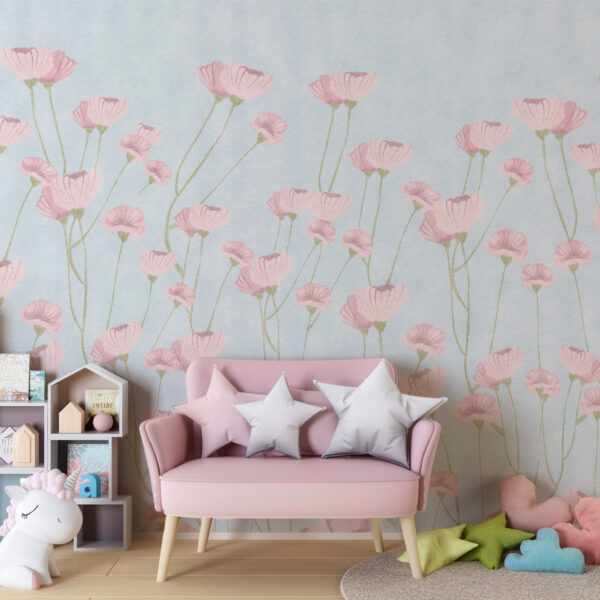 Fotobehang Roze bloemen op een blauwe achtergrond