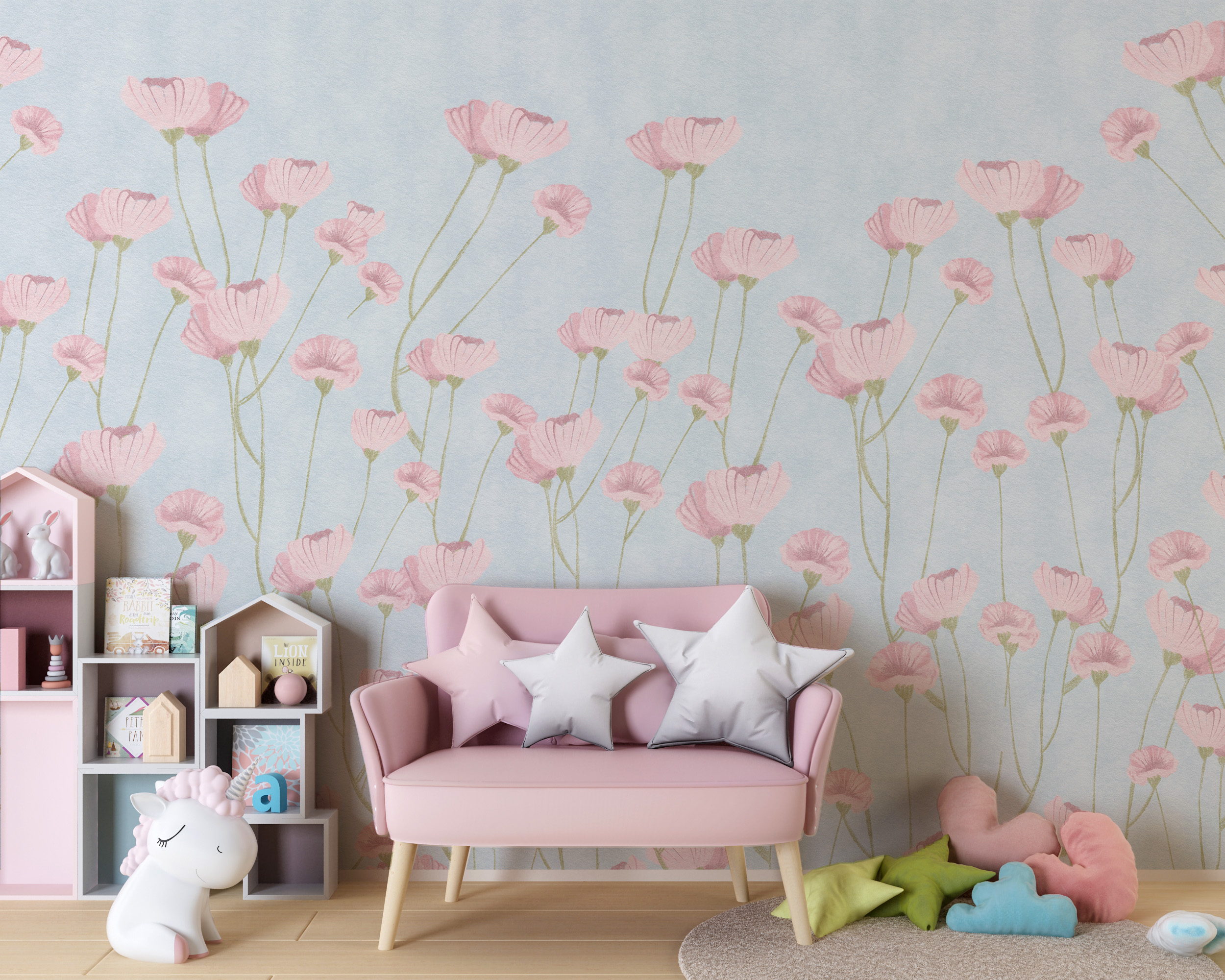 Fotobehang Roze bloemen op een blauwe achtergrond