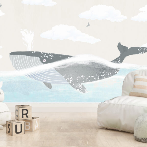 Muurschildering van een walvis in beige
