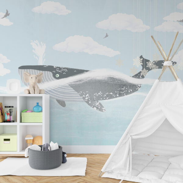 Muurschildering van een walvis in blauw