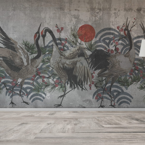 Fotobehang van kraanvogels bij zonsondergang