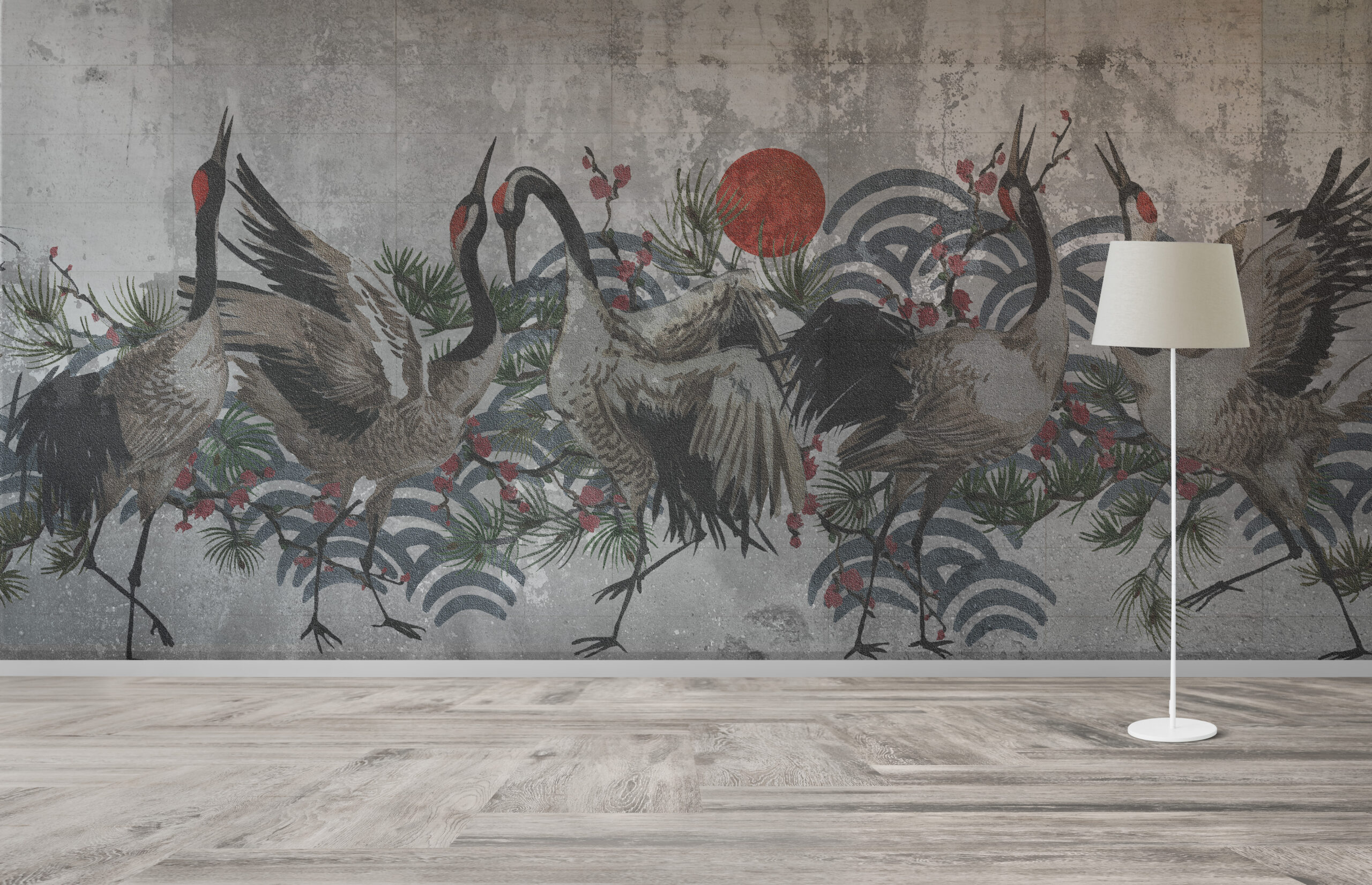 Fotobehang van kraanvogels bij zonsondergang