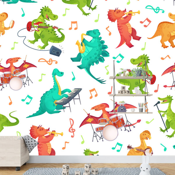 Muurschildering van muzikale dinosaurussen