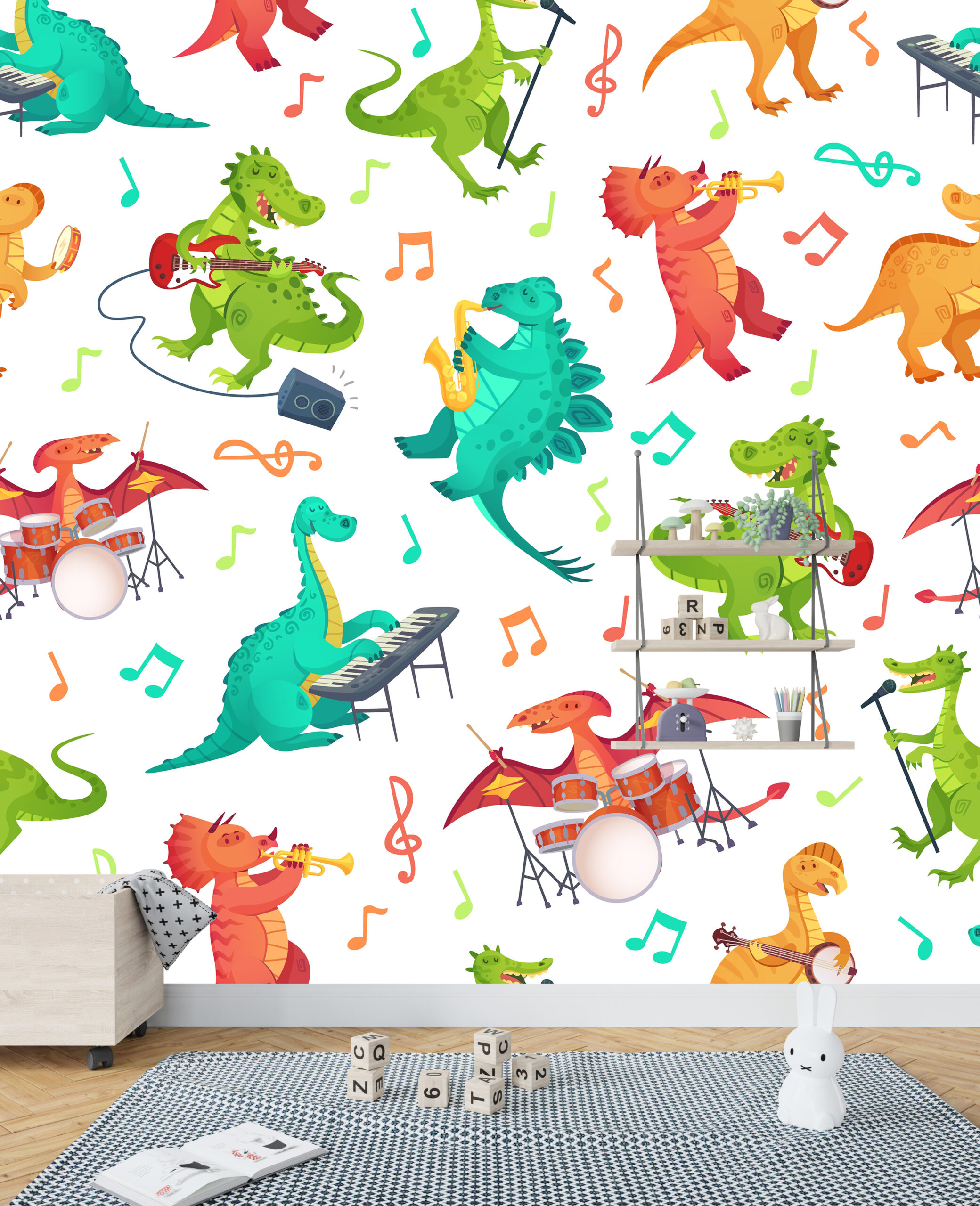 Muurschildering van muzikale dinosaurussen