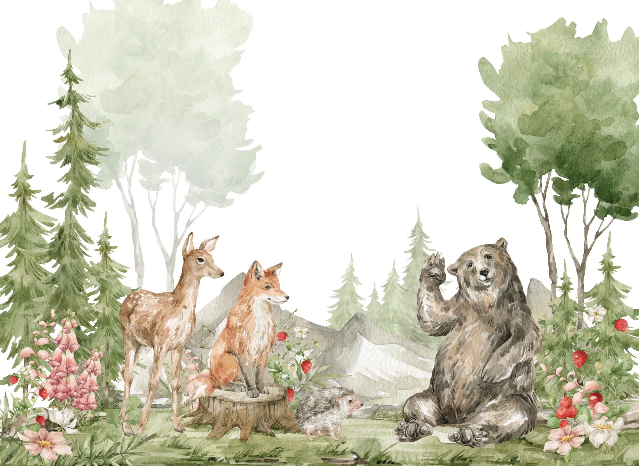Watercolor,Composition,With,Forest,Animals,And,Natural,Elements.,Deer,,Fox,