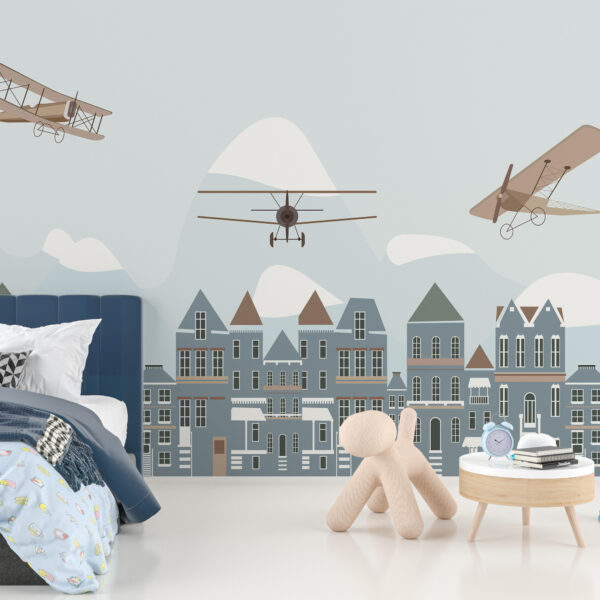 Fotomuur vliegtuigen boven de stad