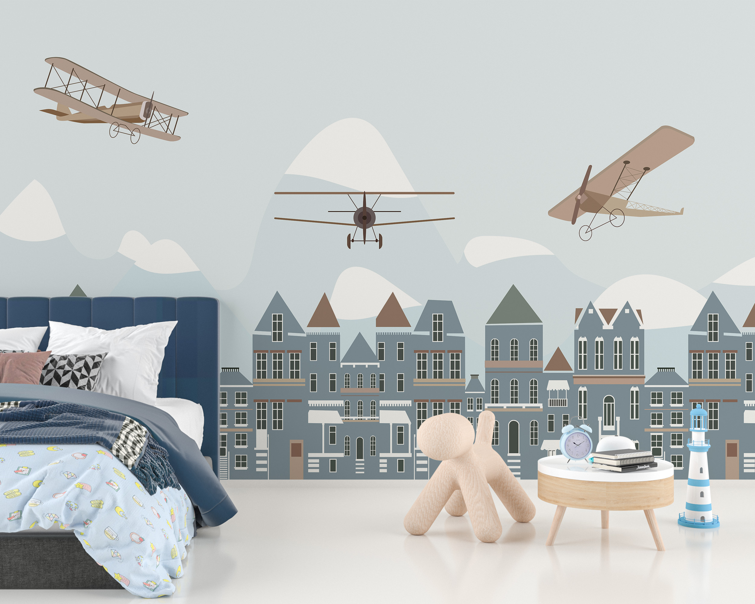 Fotomuur vliegtuigen boven de stad