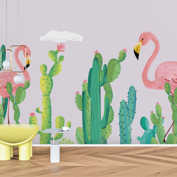 Fotobehang van flamingo’s en cactussen