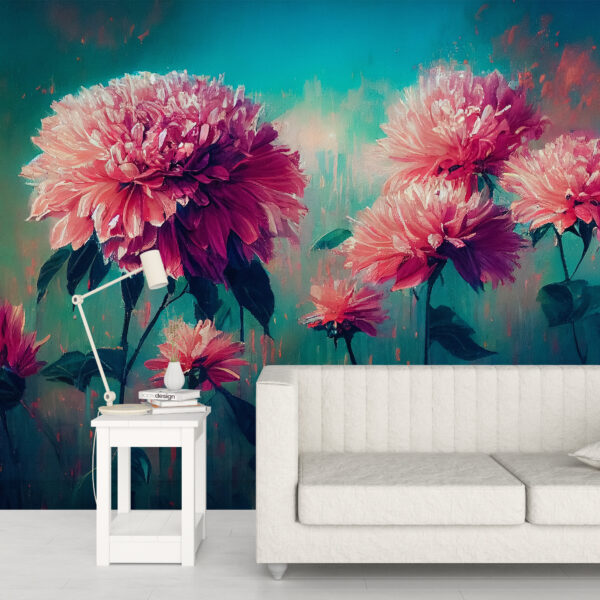 Fotobehang Roze bloemen in turkoois