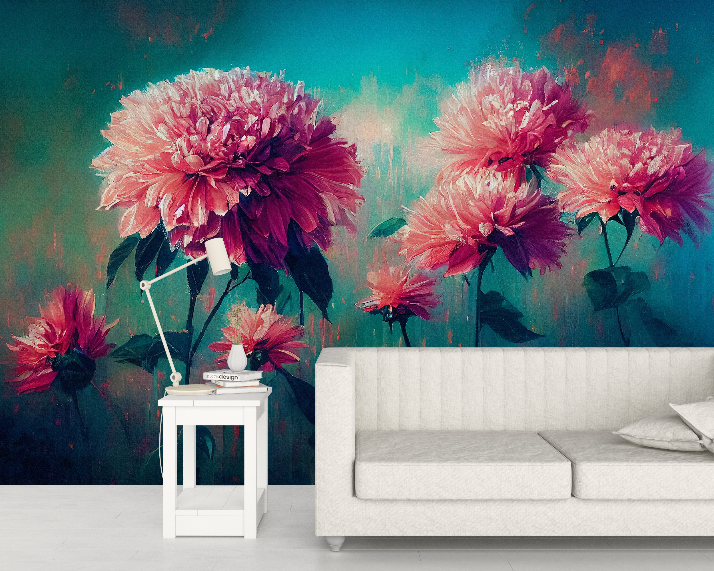 Fotobehang Roze bloemen in turkoois