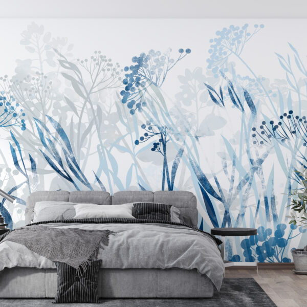 Fotobehang Blauwe bloemen in wit