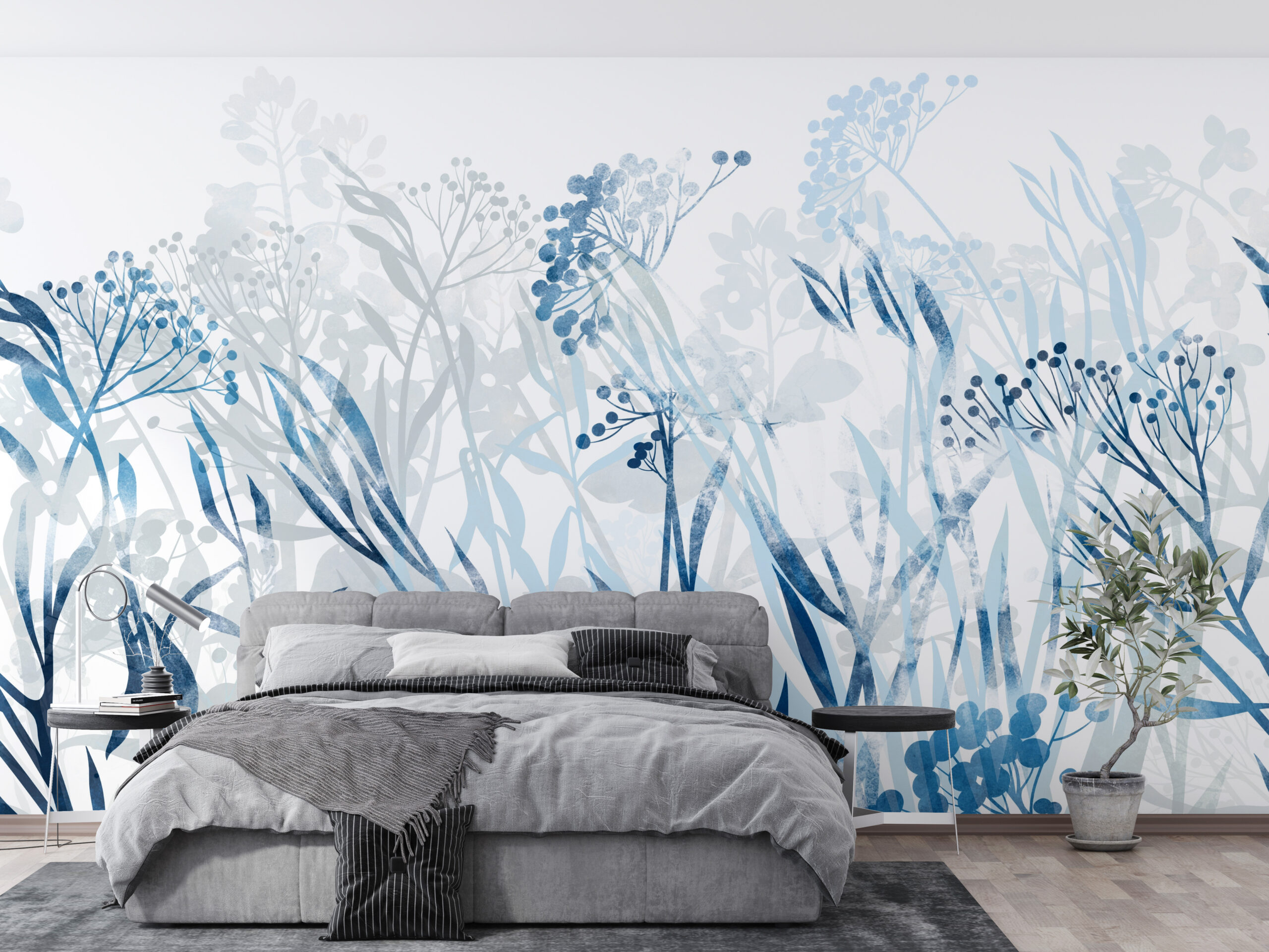 Fotobehang Blauwe bloemen in wit