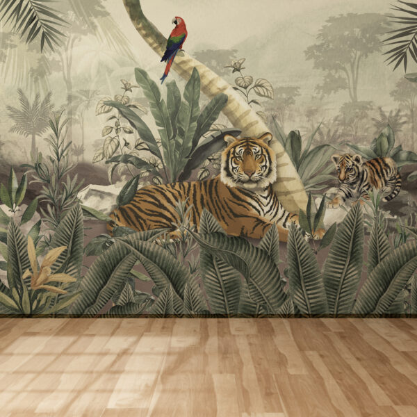 Fotobehang tijgers tegen een jungle achtergrond