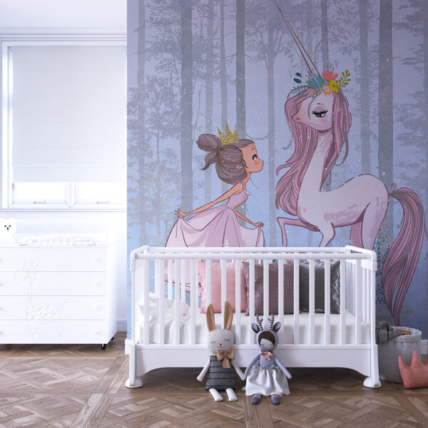 Muurschildering van een prinses en een roze eenhoorn