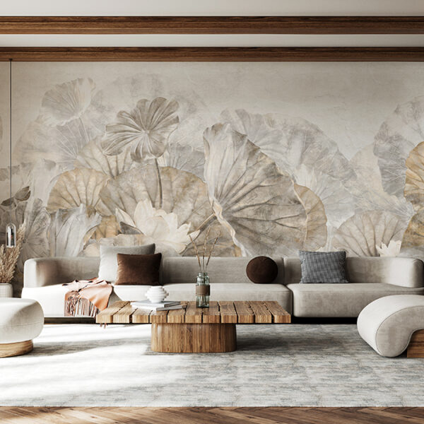 Behang Beige Lotusbladeren