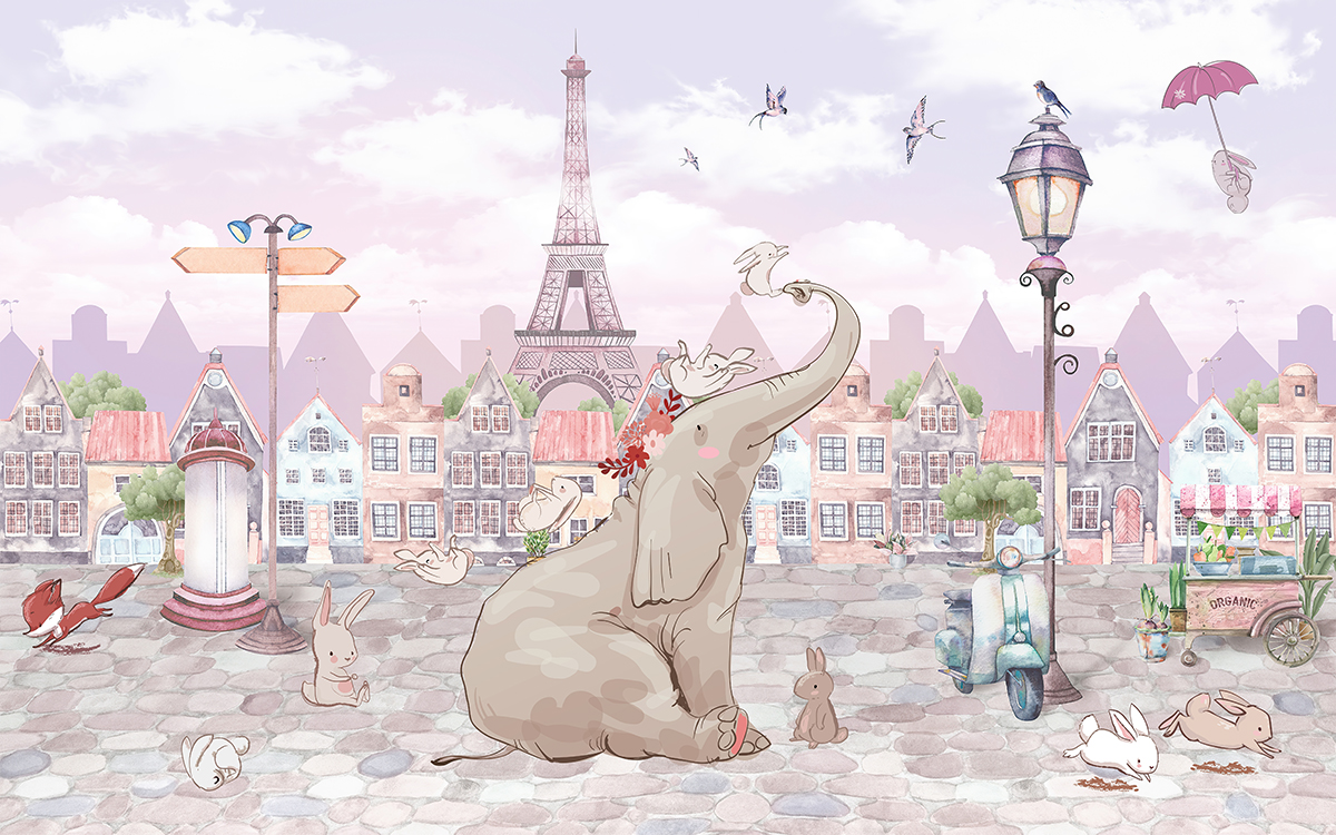 Elephant,And,Bunnies,Kids,Room,Wallpaper,Mural,,Animals,Nursery,Wallpaper