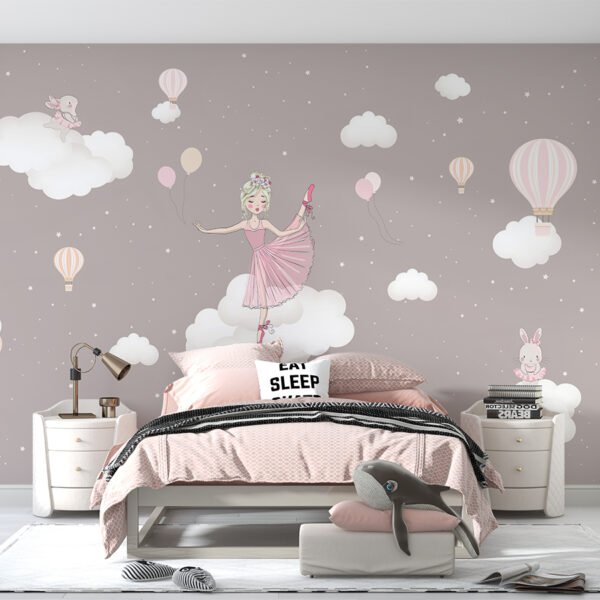 Muurschildering prinses op een wolk