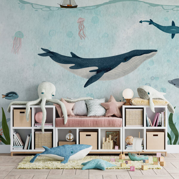 Muurschildering van een walvis in de oceaan