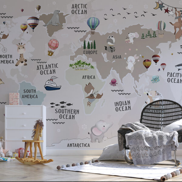 Behang Wereldkaart met Dieren